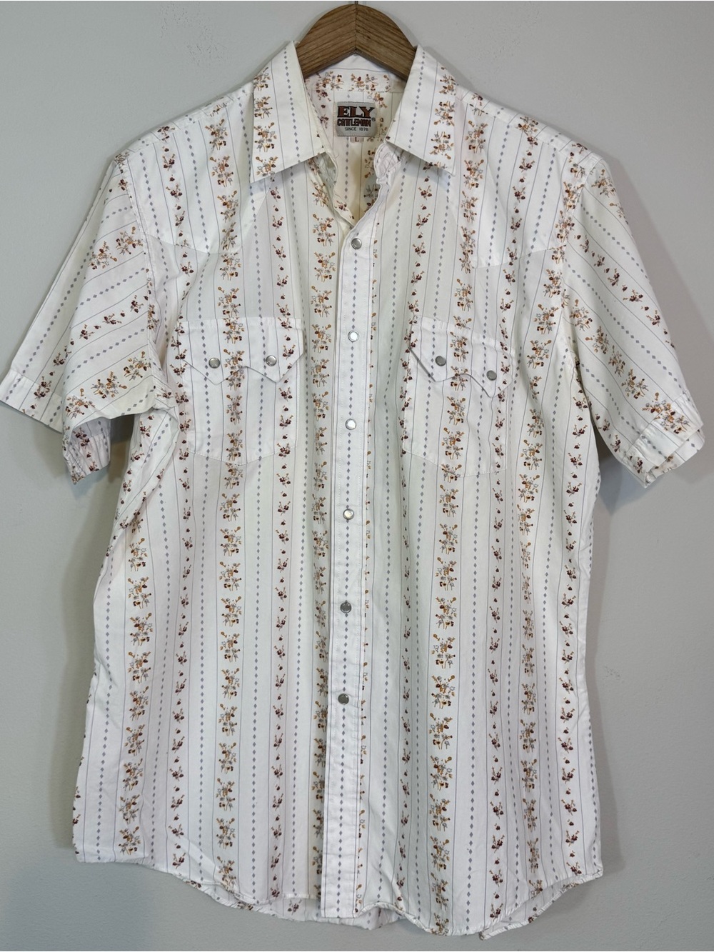 Vintage ELY CATTLEMAN Men’s Western Pearl Snap Shirt Short Sleeve Floral Striped